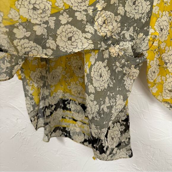 Cabi Yellow & Grey Floral Boho 3/4 Sleeve Blouse Womens S Sheer Puff Sleeve Top - Picture 5 of 12